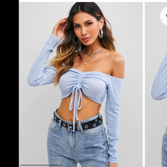 Ribbed Knit Cinched Off Shoulder Crop Top - Picture 1 of 3